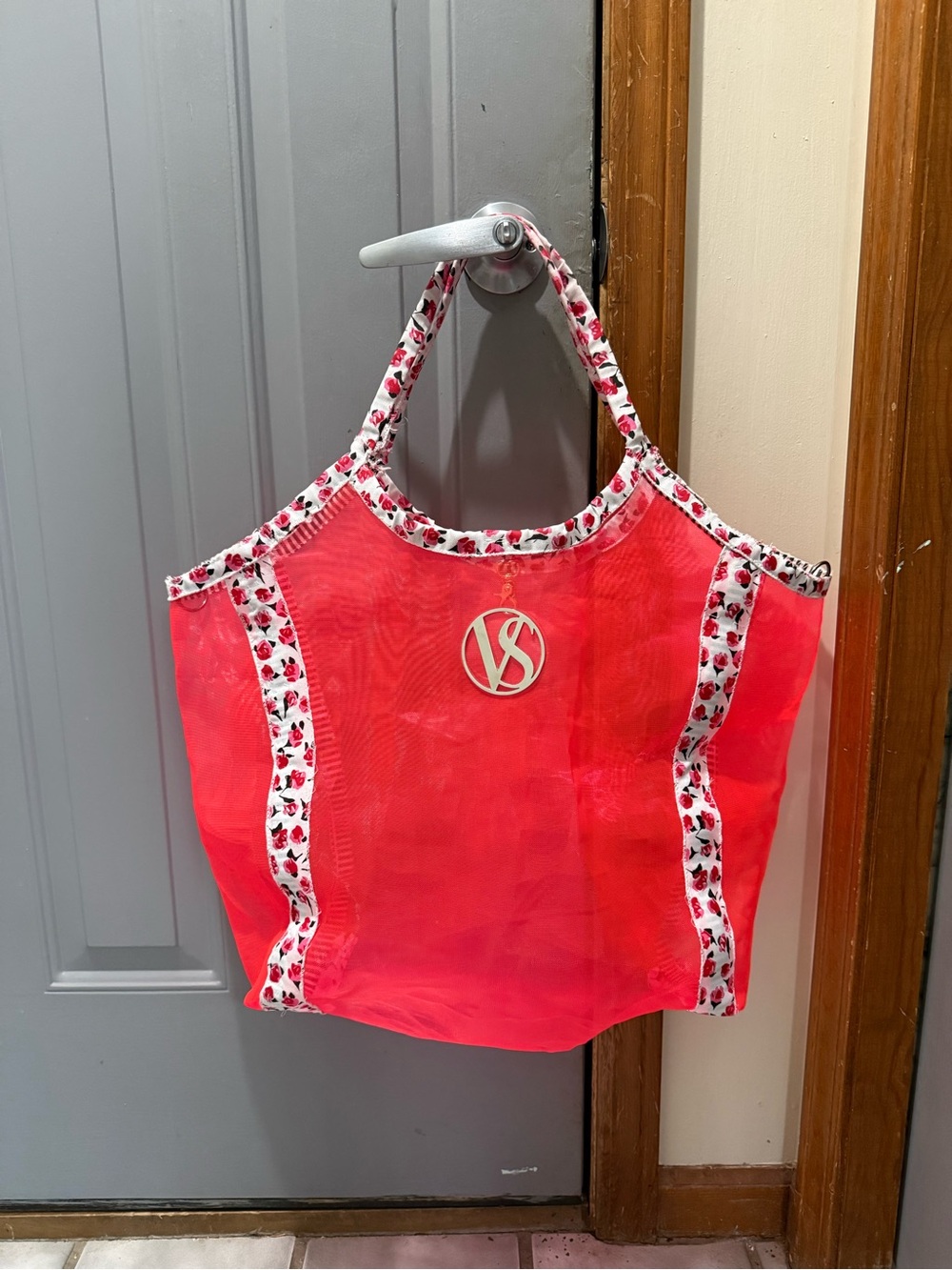 Victoria's Secret Coral Pink Mesh Tote with Floral-Trim Handles (custom)